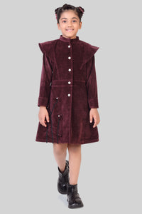 TinyGirls Wine Winter Dress – Stylish Velvet Coat-Style Outfit