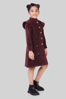TinyGirls Wine Winter Dress – Stylish Velvet Coat-Style Outfit