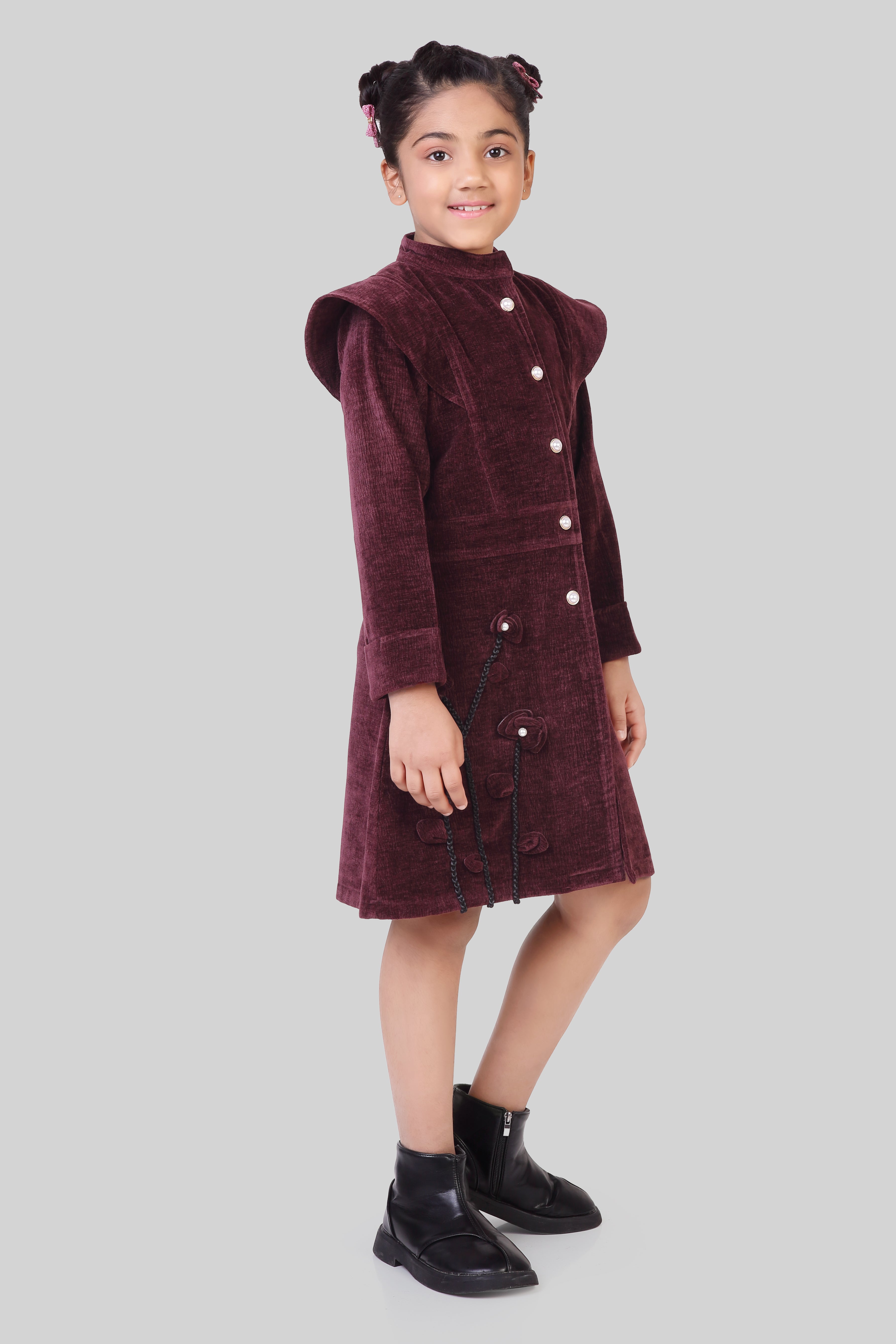 TinyGirls Wine Winter Dress – Stylish Velvet Coat-Style Outfit