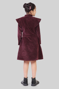 TinyGirls Wine Winter Dress – Stylish Velvet Coat-Style Outfit