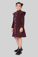 TinyGirls Wine Winter Dress – Stylish Velvet Coat-Style Outfit