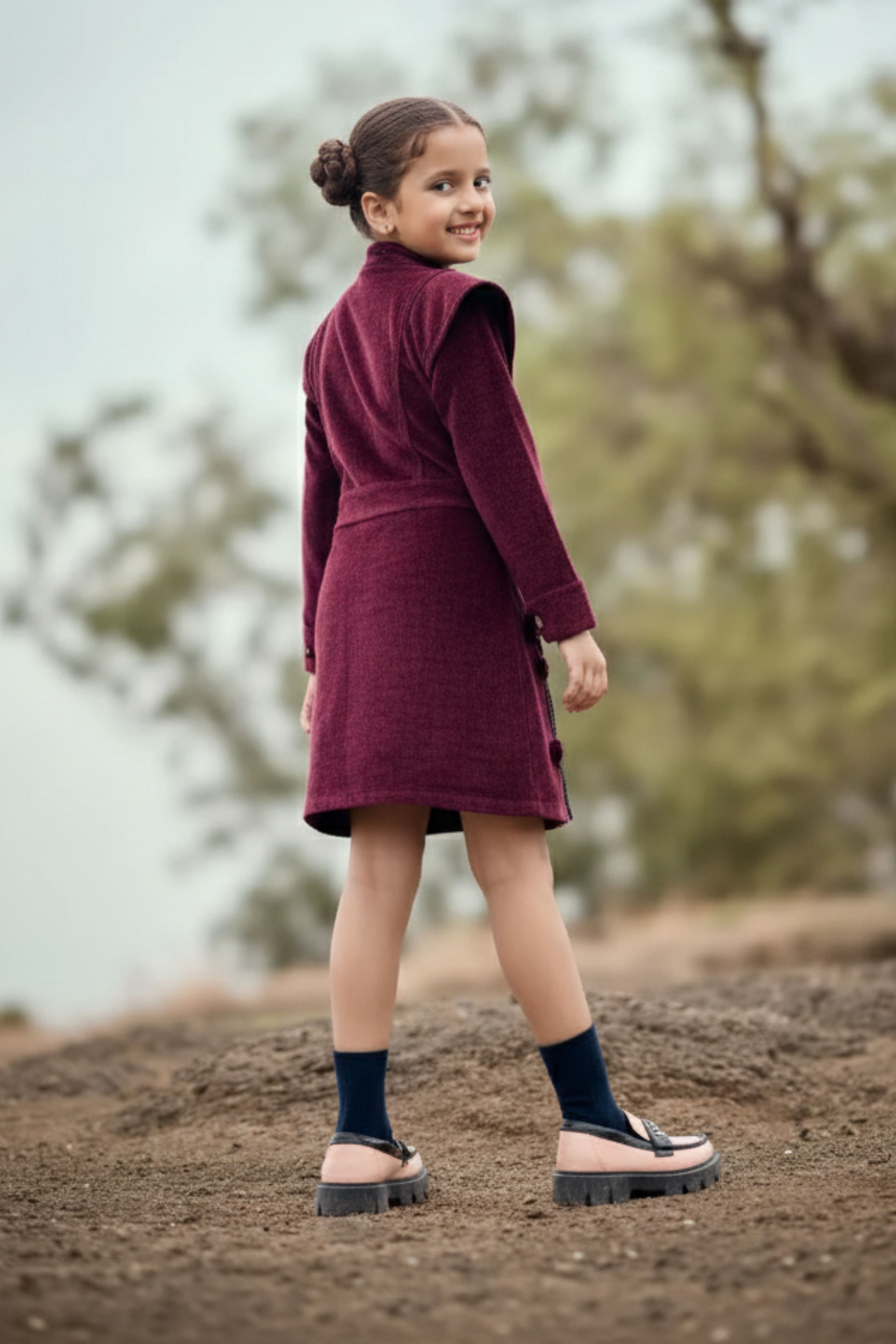 Tiny Girls Wine Winter Dress – Stylish Velvet Coat-Style Outfit