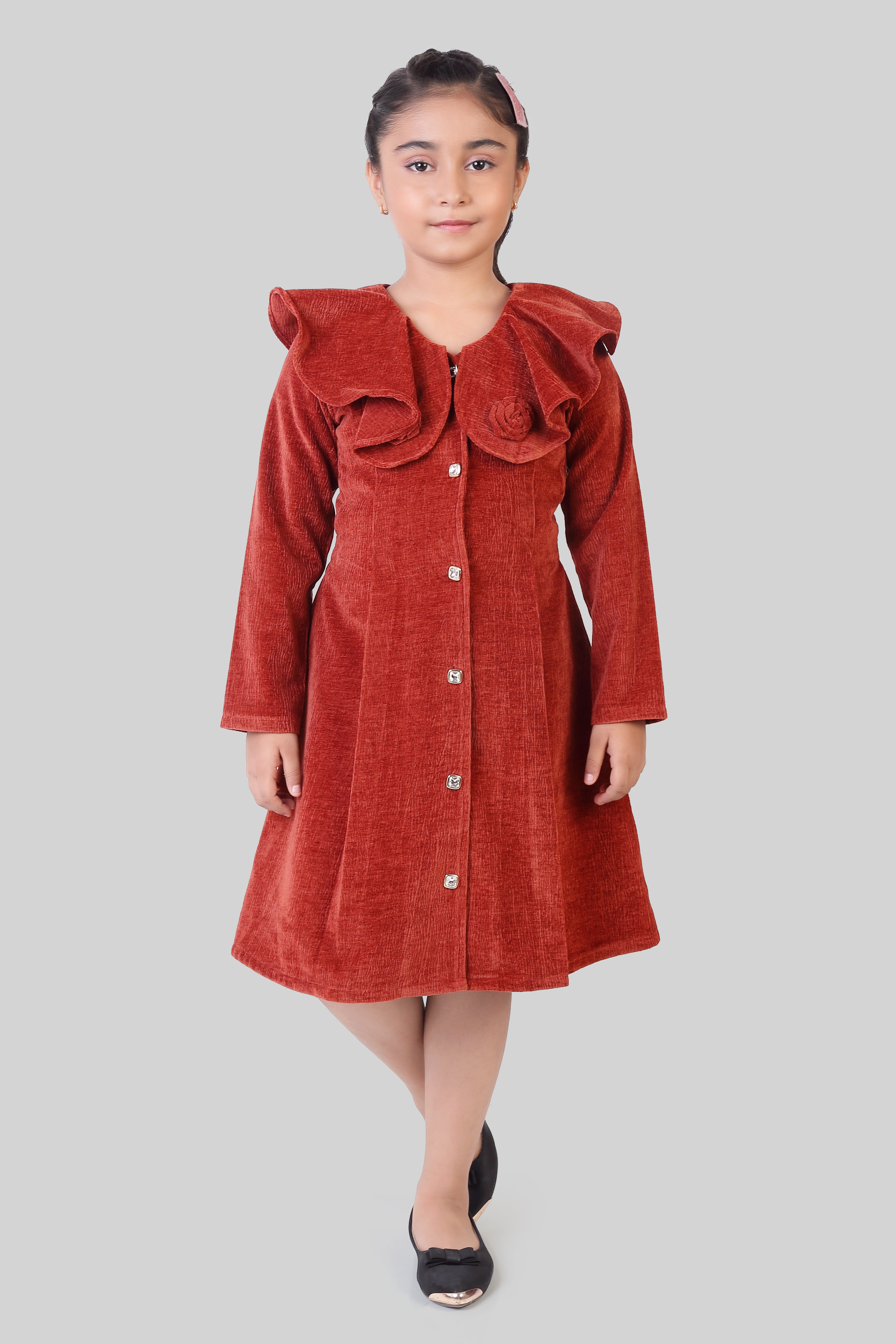 TinyGirls Rust Winter Dress – Stylish Velvet Coat-Style Outfit