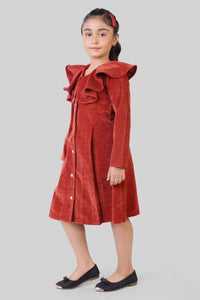 TinyGirls Rust Winter Dress – Stylish Velvet Coat-Style Outfit