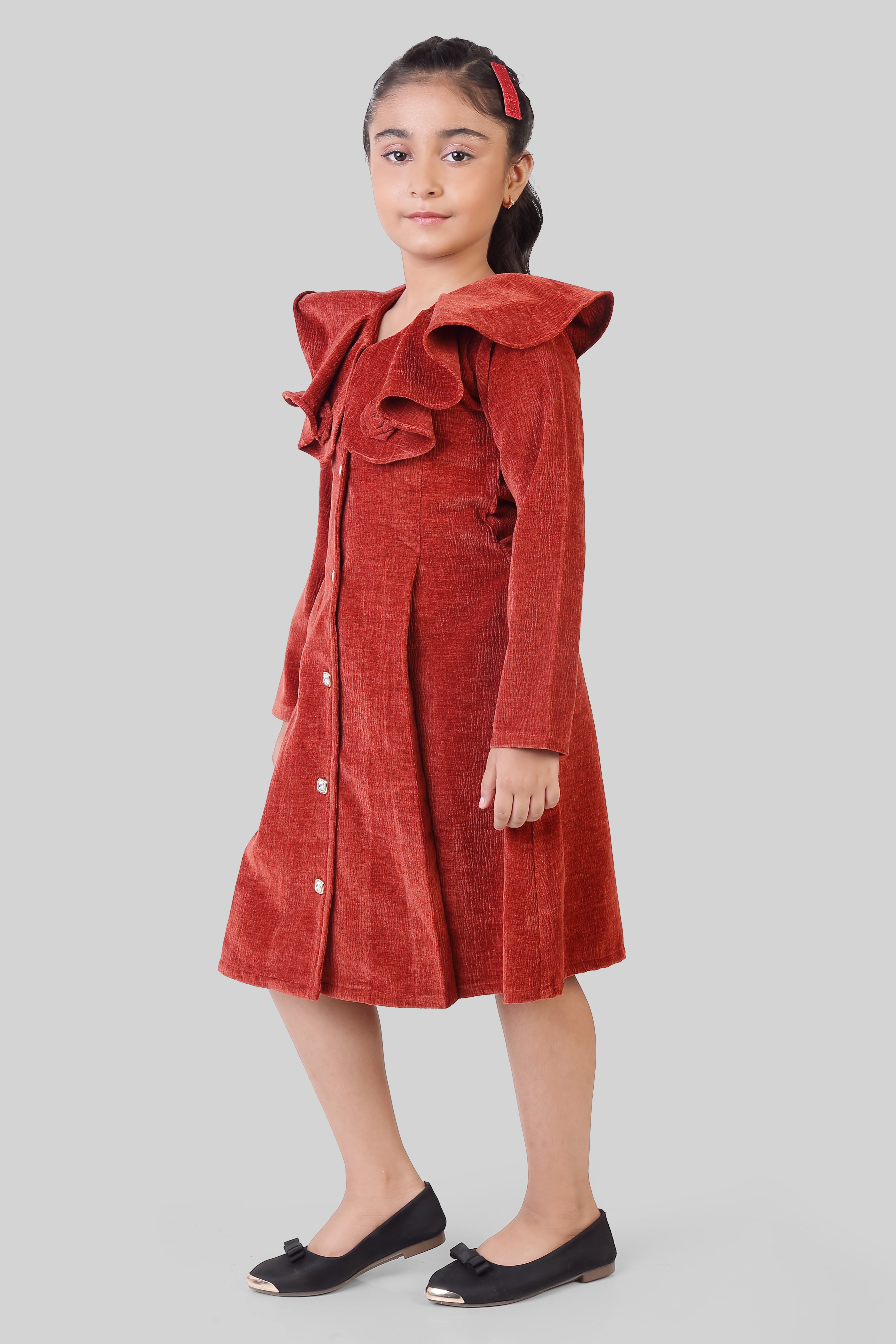 TinyGirls Rust Winter Dress – Stylish Velvet Coat-Style Outfit