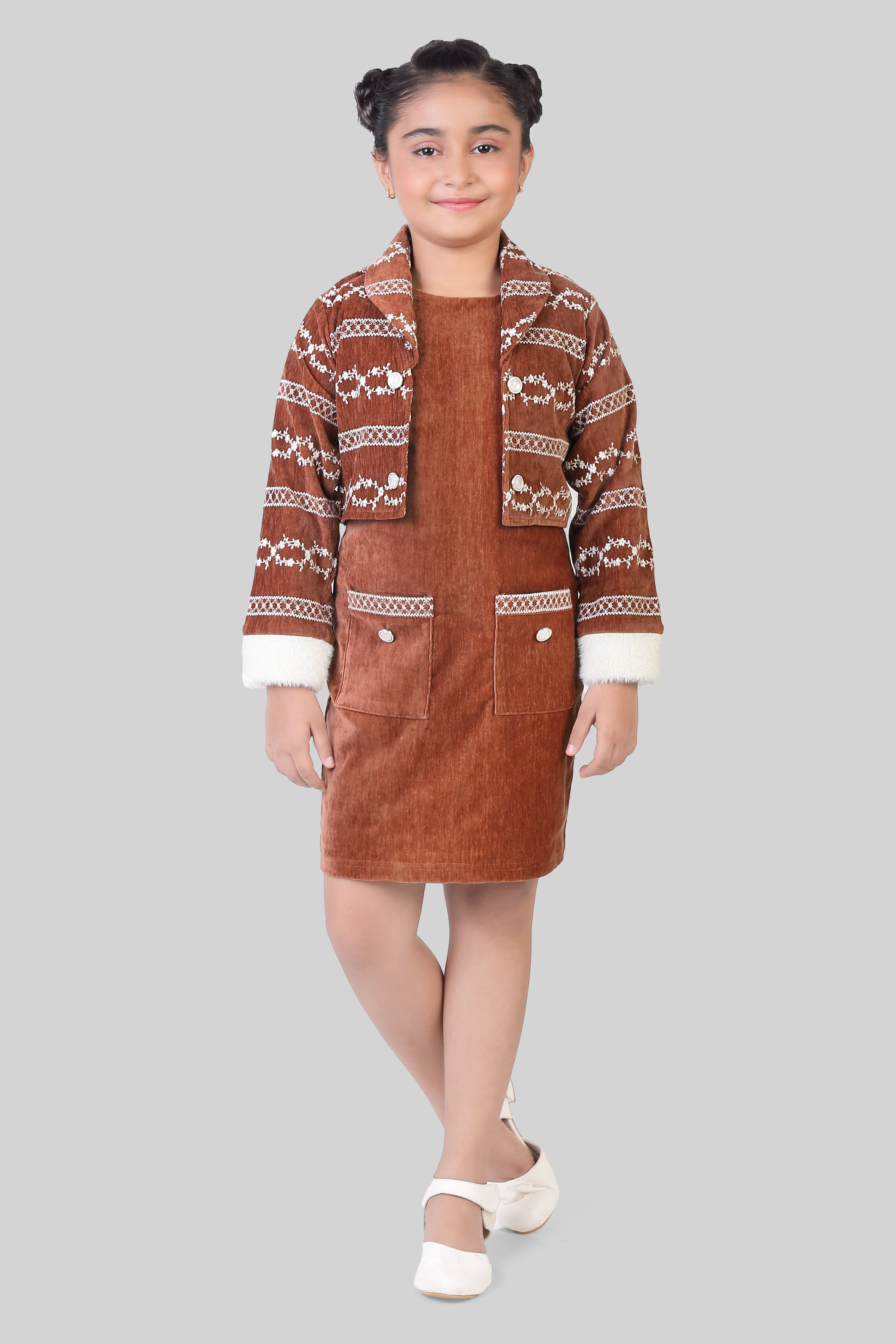 TinyGirls Brown Winter Dress & Jacket Set – Stylish Warm Wear