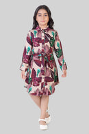 Maroon Printed Long Sleeve Dress for Girls