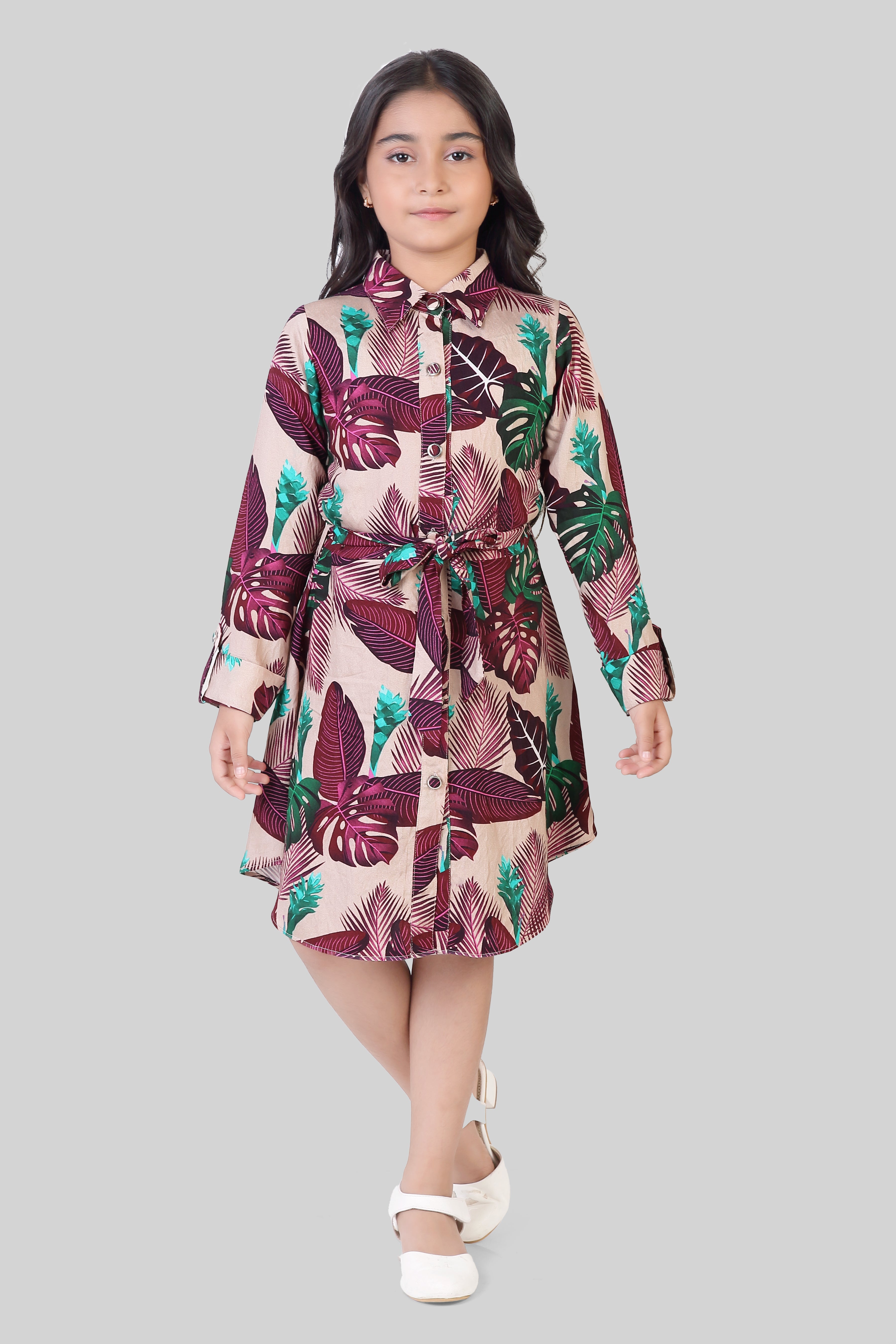 Maroon Printed Long Sleeve Dress for Girls