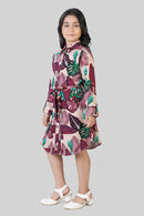 Maroon Printed Long Sleeve Dress for Girls