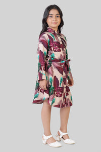 Maroon Printed Long Sleeve Dress for Girls