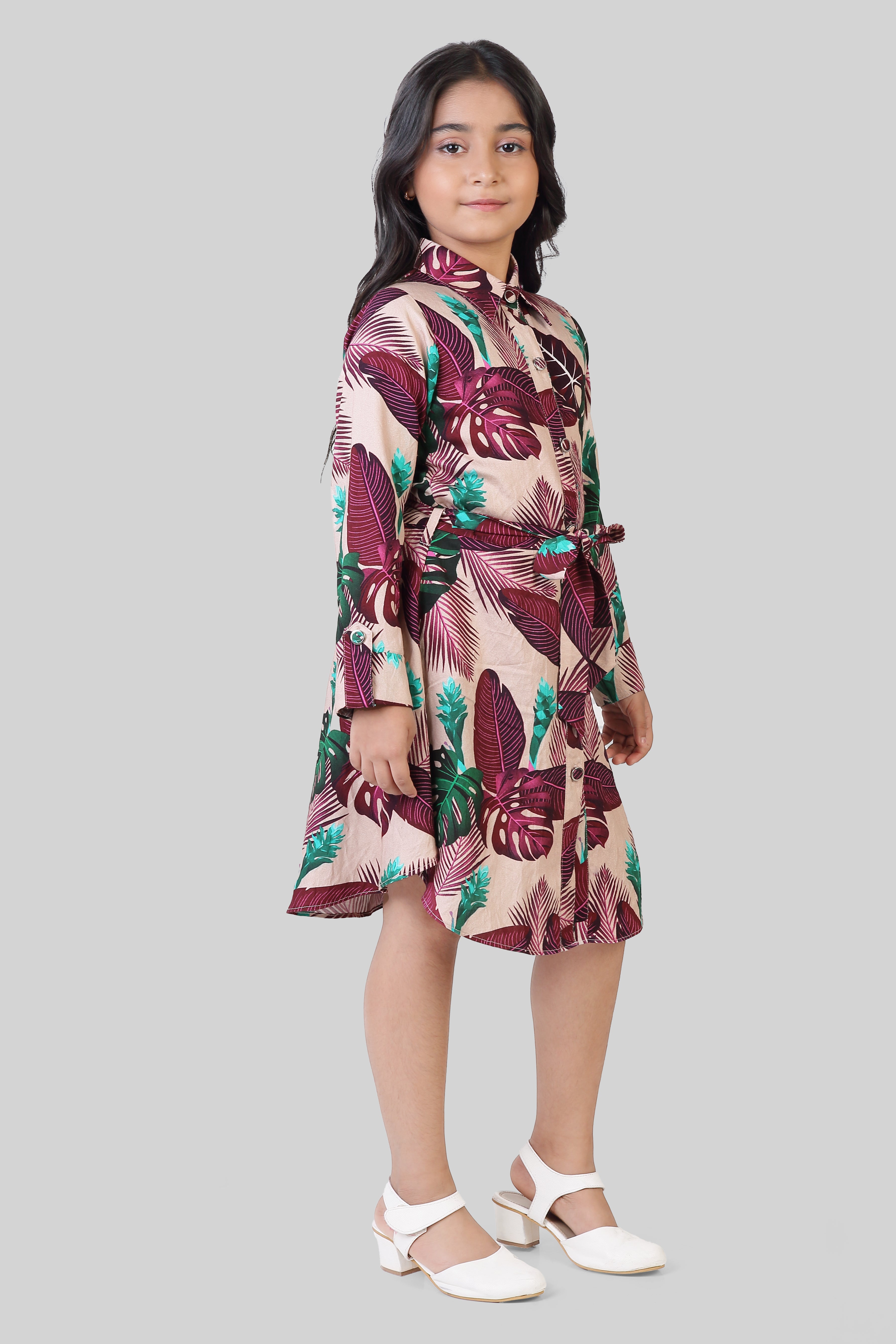 Maroon Printed Long Sleeve Dress for Girls