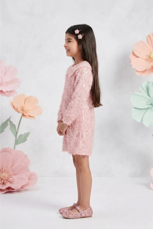 Textured Peach Dress with Embroidered Scallop Collar M2487