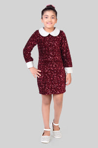 Girls Maroon Sequin Party Dress with White Collar – Kids Fancy Birthday Outfit