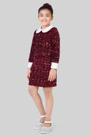 Girls Maroon Sequin Party Dress with White Collar – Kids Fancy Birthday Outfit