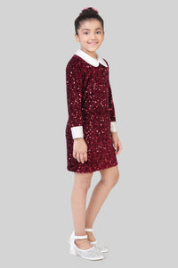 Girls Maroon Sequin Party Dress with White Collar – Kids Fancy Birthday Outfit