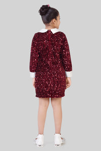 Girls Maroon Sequin Party Dress with White Collar – Kids Fancy Birthday Outfit