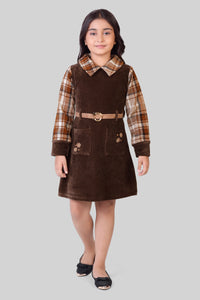 TinyGirls Brown Winter Dress – Cozy Checkered Sleeve Outfit