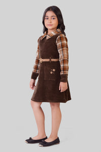 TinyGirls Brown Winter Dress – Cozy Checkered Sleeve Outfit