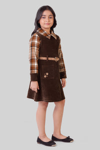 TinyGirls Brown Winter Dress – Cozy Checkered Sleeve Outfit