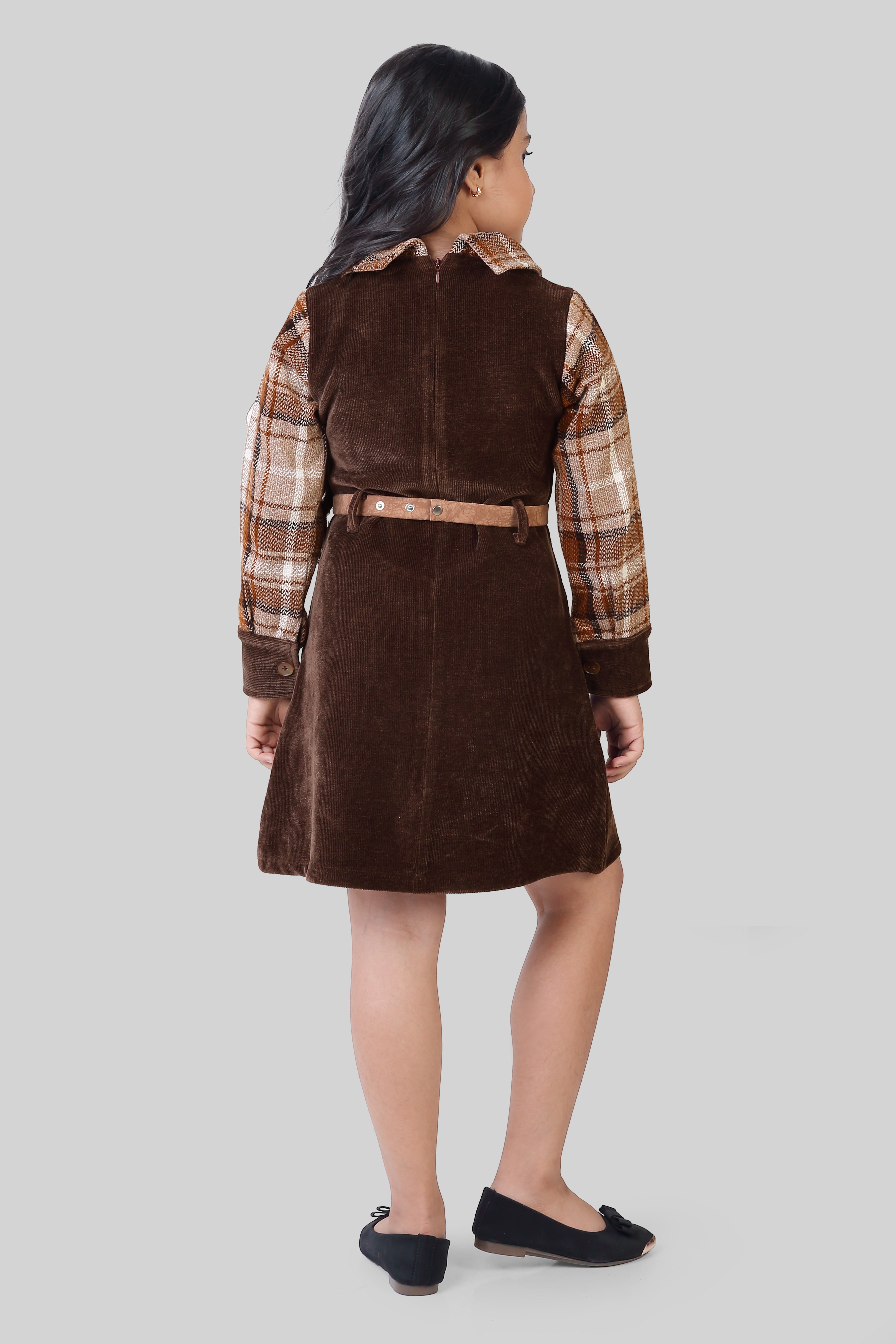 TinyGirls Brown Winter Dress – Cozy Checkered Sleeve Outfit