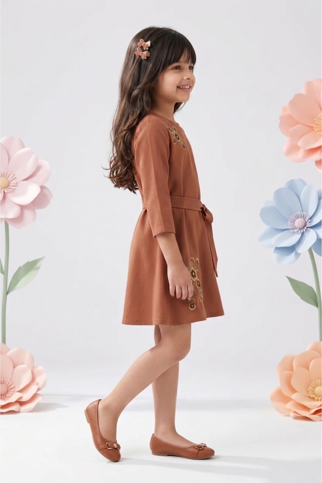 Caramel Bloom Belted Cotton Dress M2491