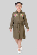 TinyGirl Olive Embroidered Shirt Dress for Girls