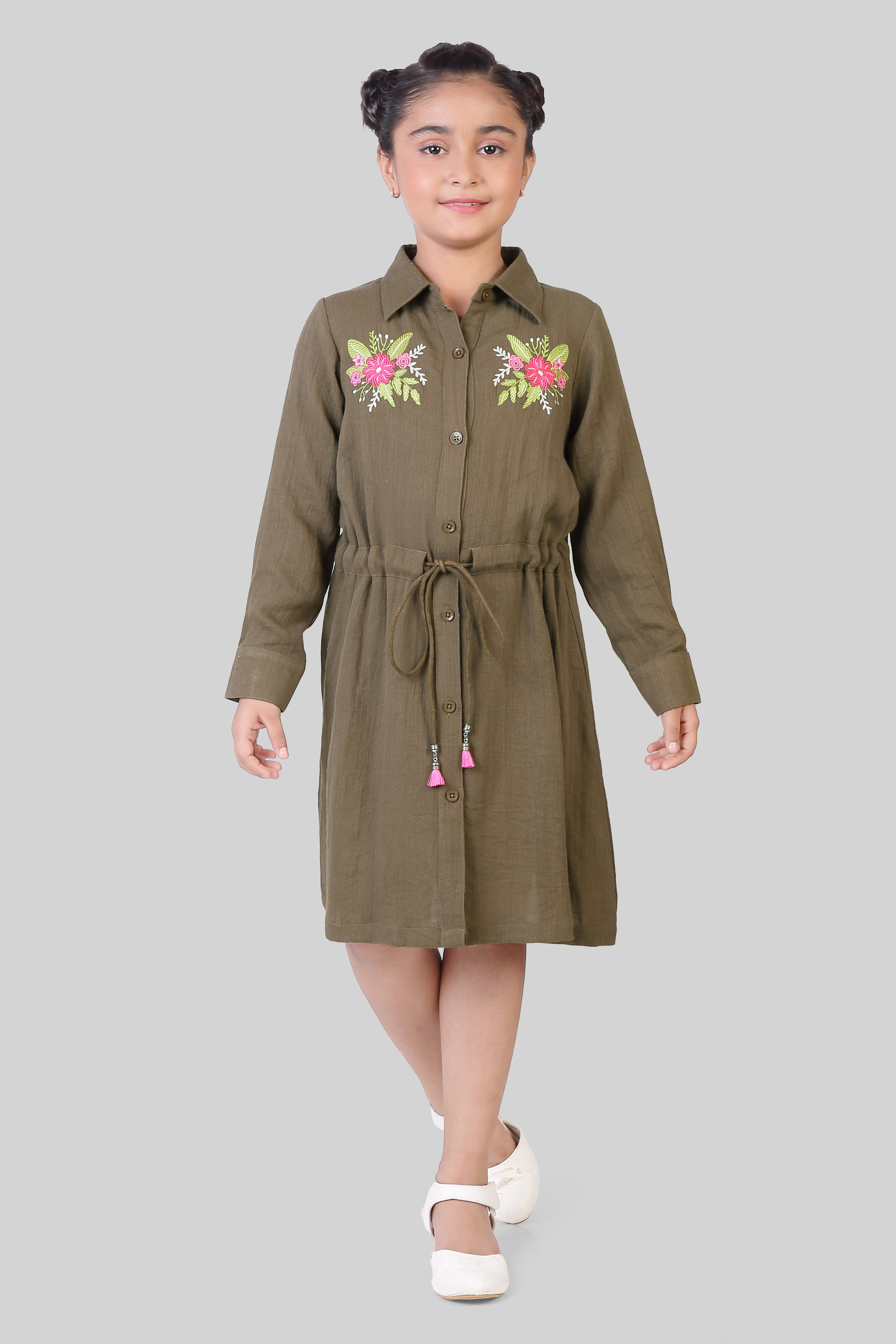 TinyGirl Olive Embroidered Shirt Dress for Girls