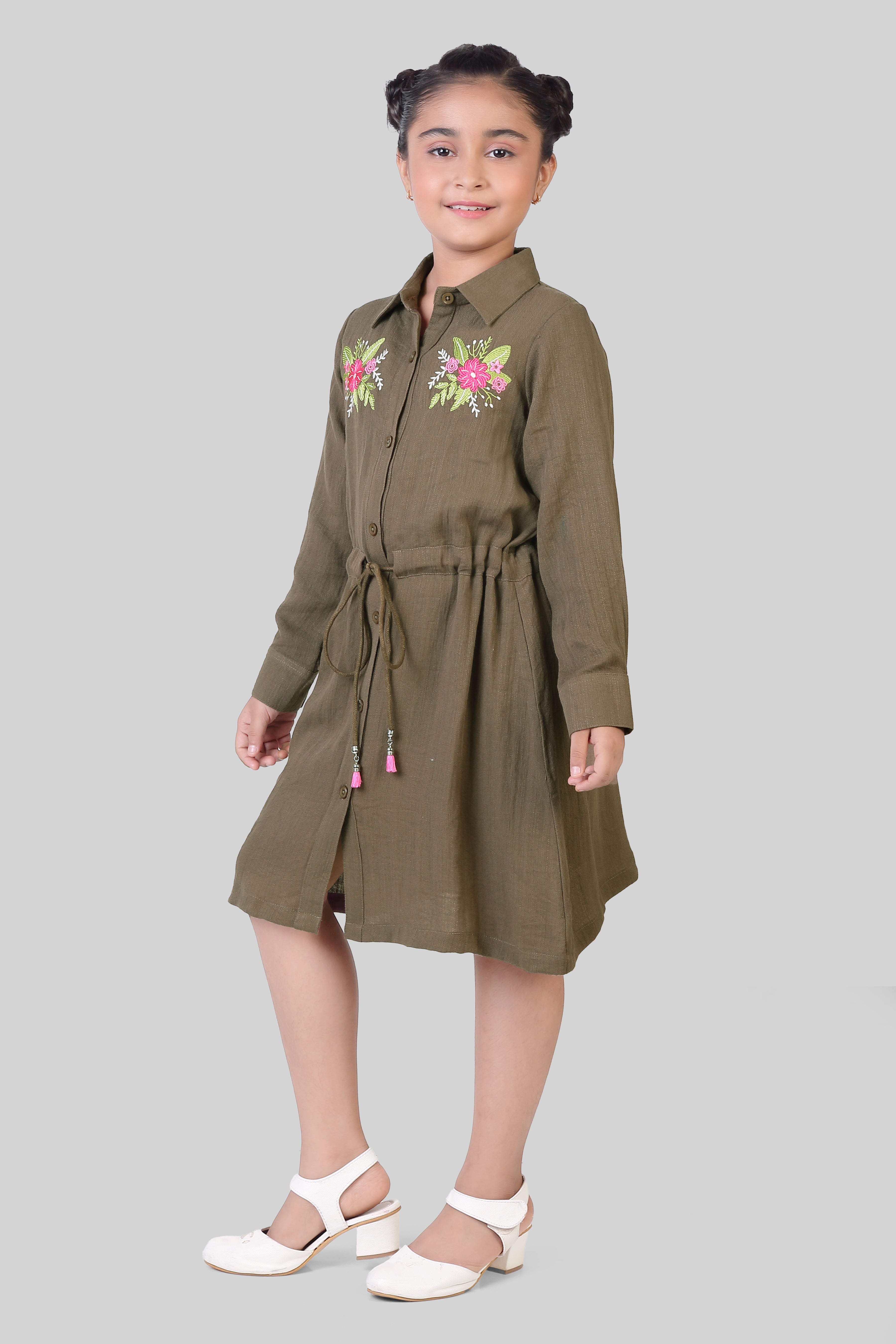 TinyGirl Olive Embroidered Shirt Dress for Girls