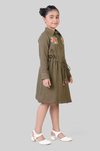 TinyGirl Olive Embroidered Shirt Dress for Girls