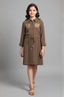 Tiny Girl Girls Dress Brown Embroidered Cotton Winter Wear