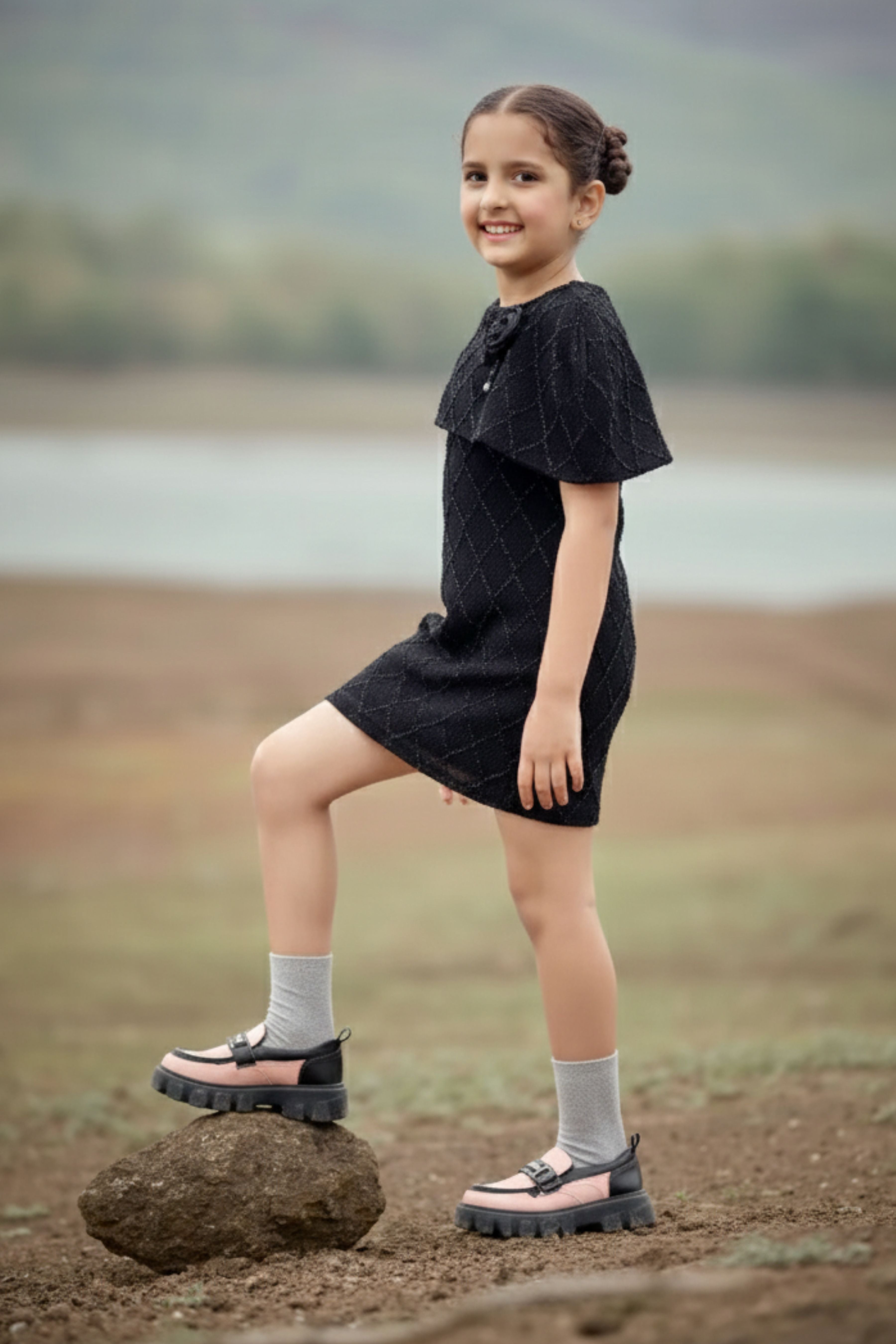 Tiny Girl Girls Dress Black Solid Knitted Casual Wear