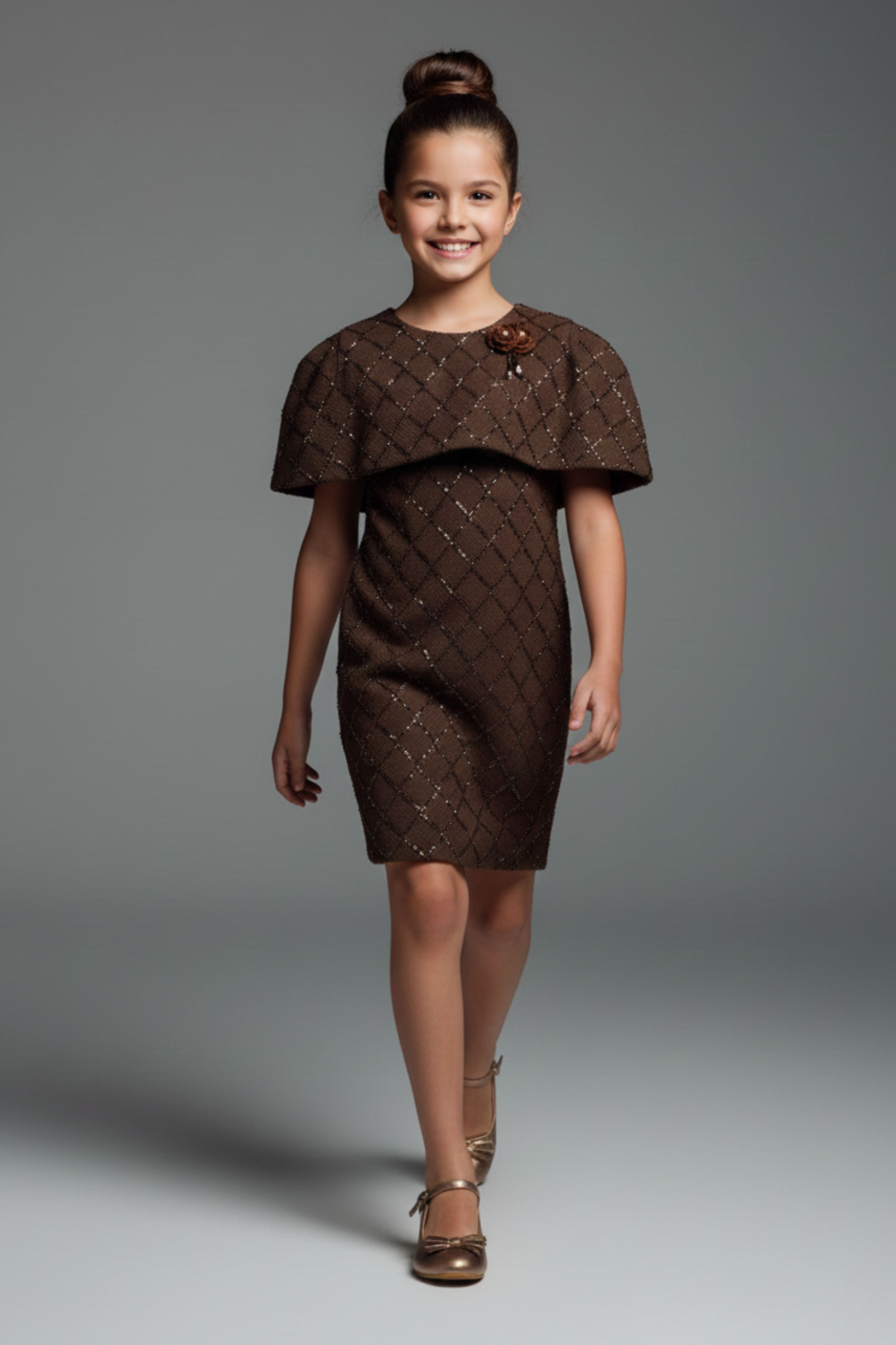 Tiny Girl Girls Party Dress Brown Solid Knitted Winter Wear