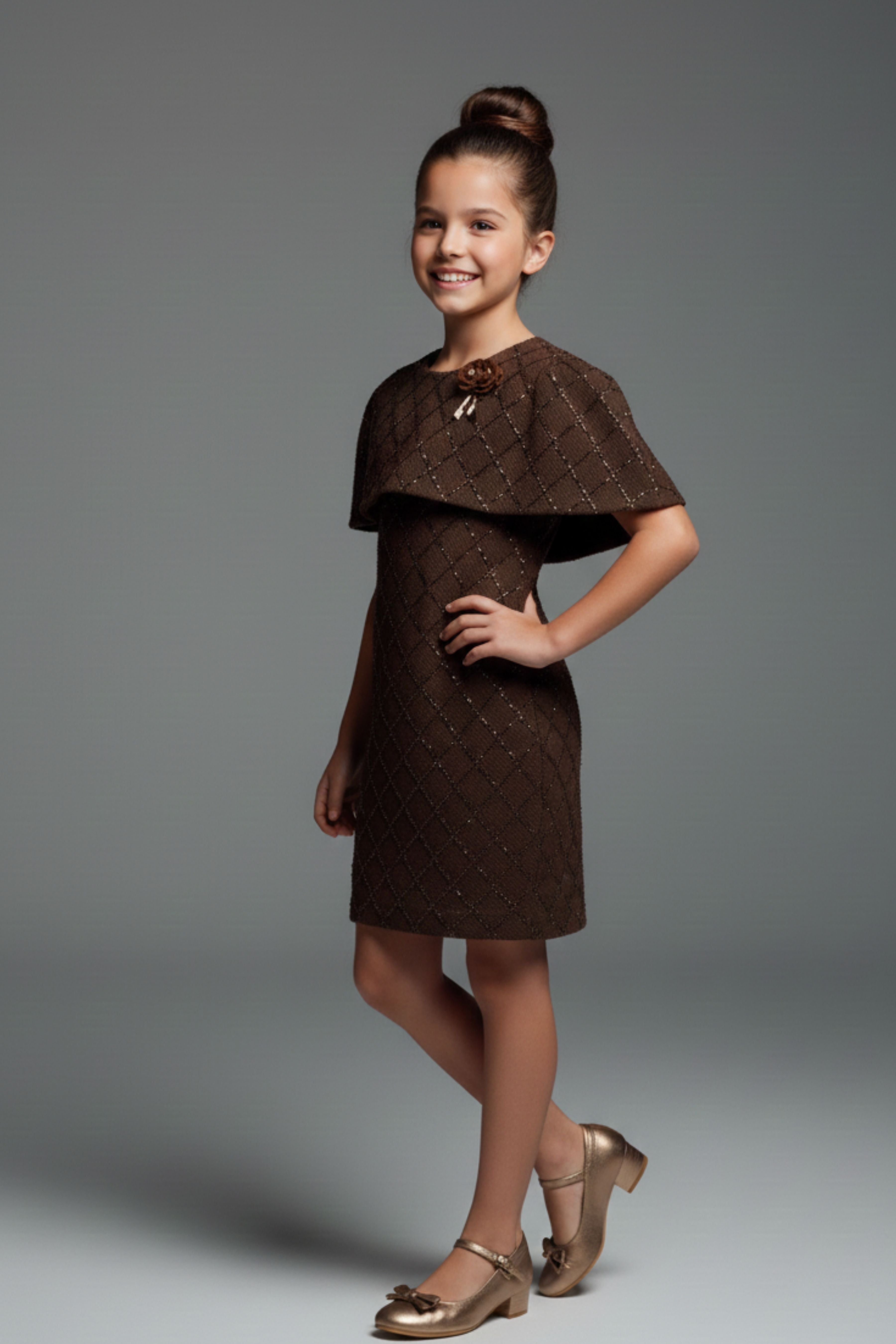 Tiny Girl Girls Party Dress Brown Solid Knitted Winter Wear