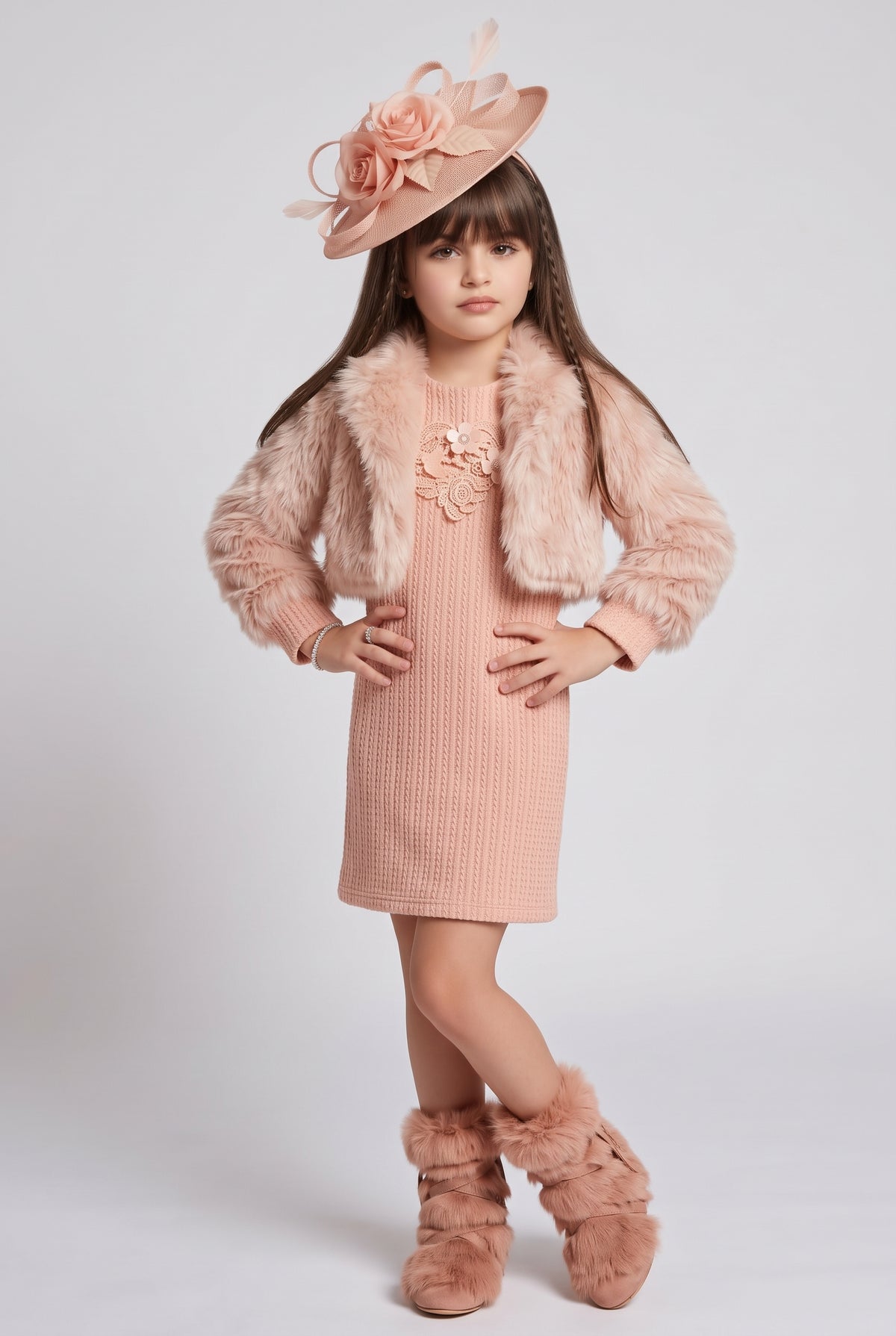 Peach Faux Fur Jacket and Knitted Winter Dress Set M2513