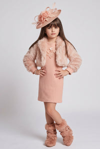 Peach Faux Fur Jacket and Knitted Winter Dress Set M2513