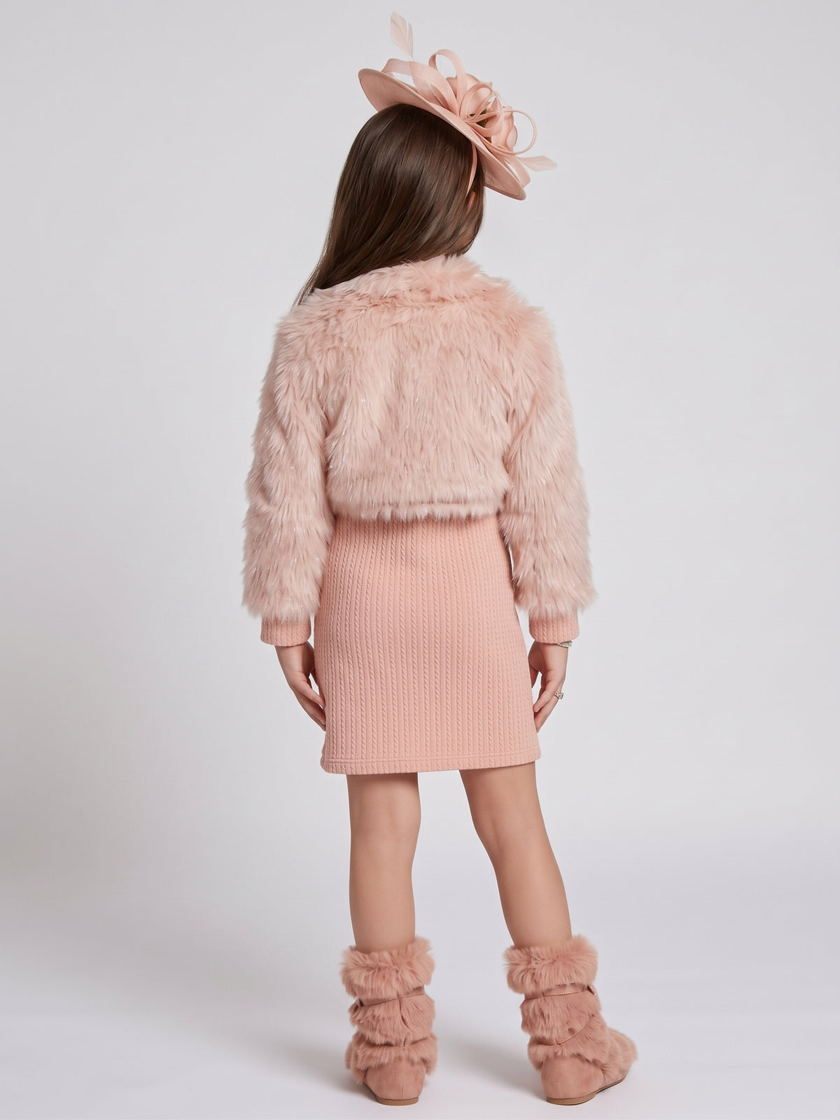 Peach Faux Fur Jacket and Knitted Winter Dress Set M2513