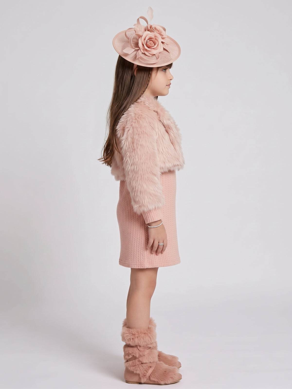 Peach Faux Fur Jacket and Knitted Winter Dress Set M2513