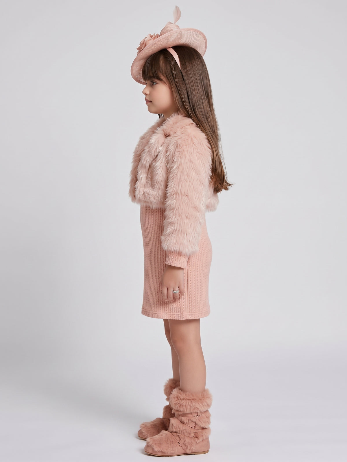 Peach Faux Fur Jacket and Knitted Winter Dress Set M2513