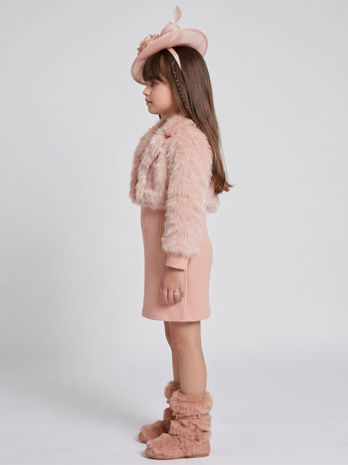 Peach Faux Fur Jacket and Knitted Winter Dress Set M2513