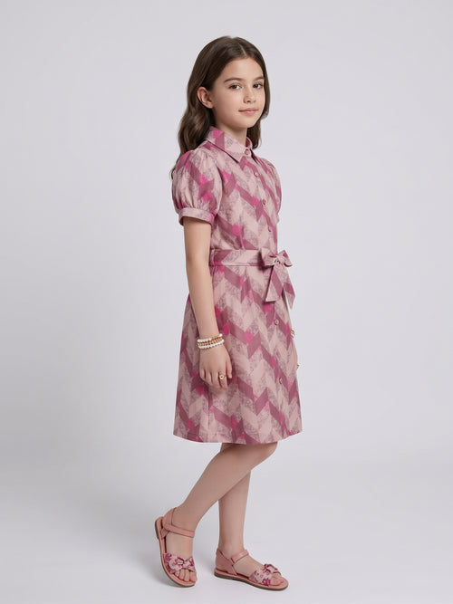 Onion Pink Geometric Print Belted Shirt Dress M2518