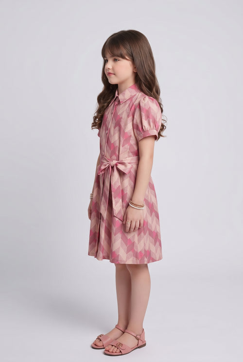 Onion Pink Geometric Print Belted Shirt Dress M2518