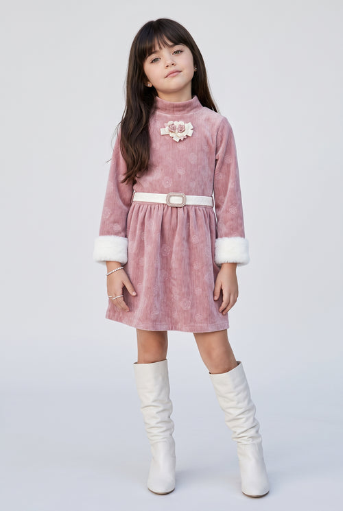 Onion Pink Floral Velvet Winter Party Dress M2522