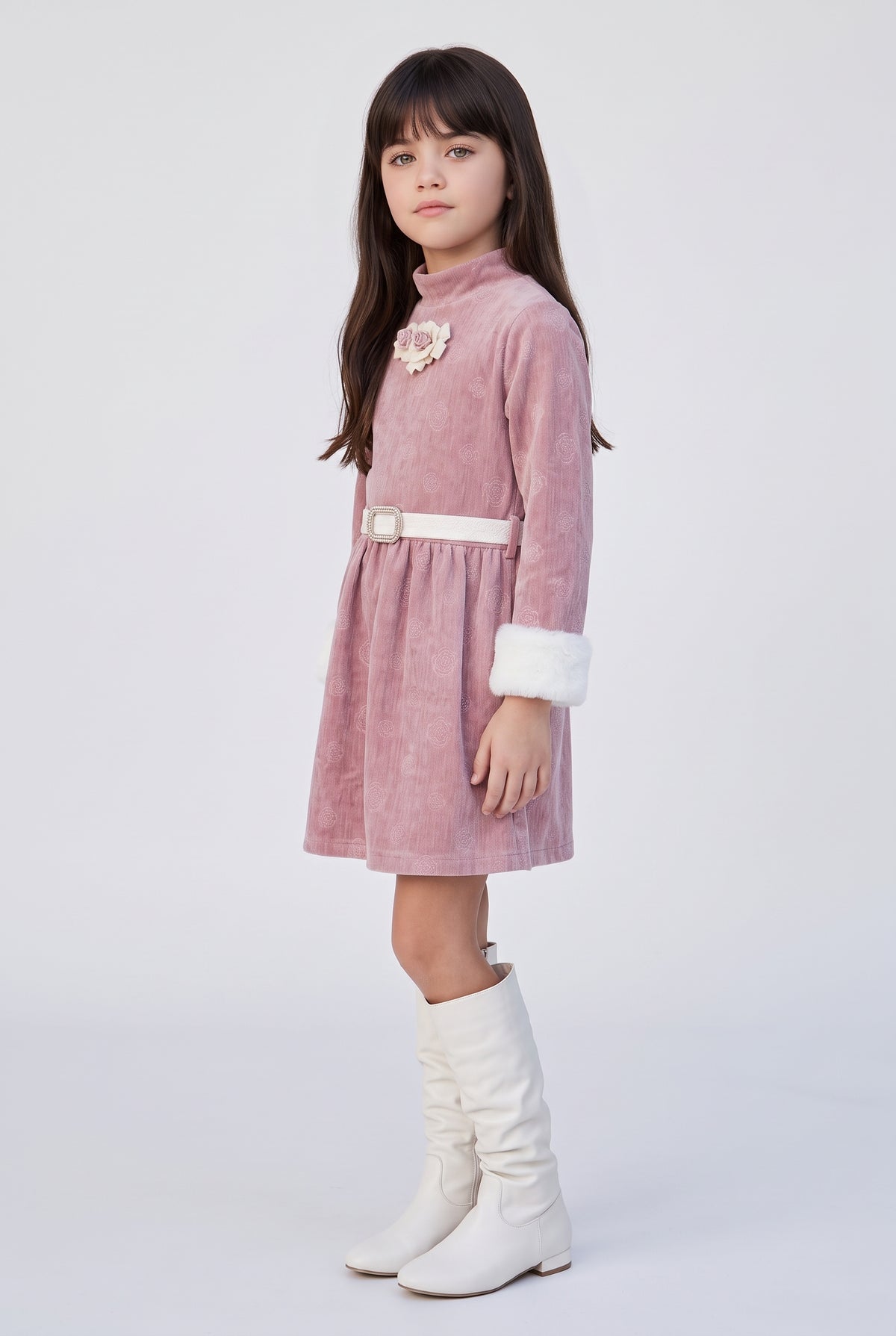 Onion Pink Floral Velvet Winter Party Dress M2522