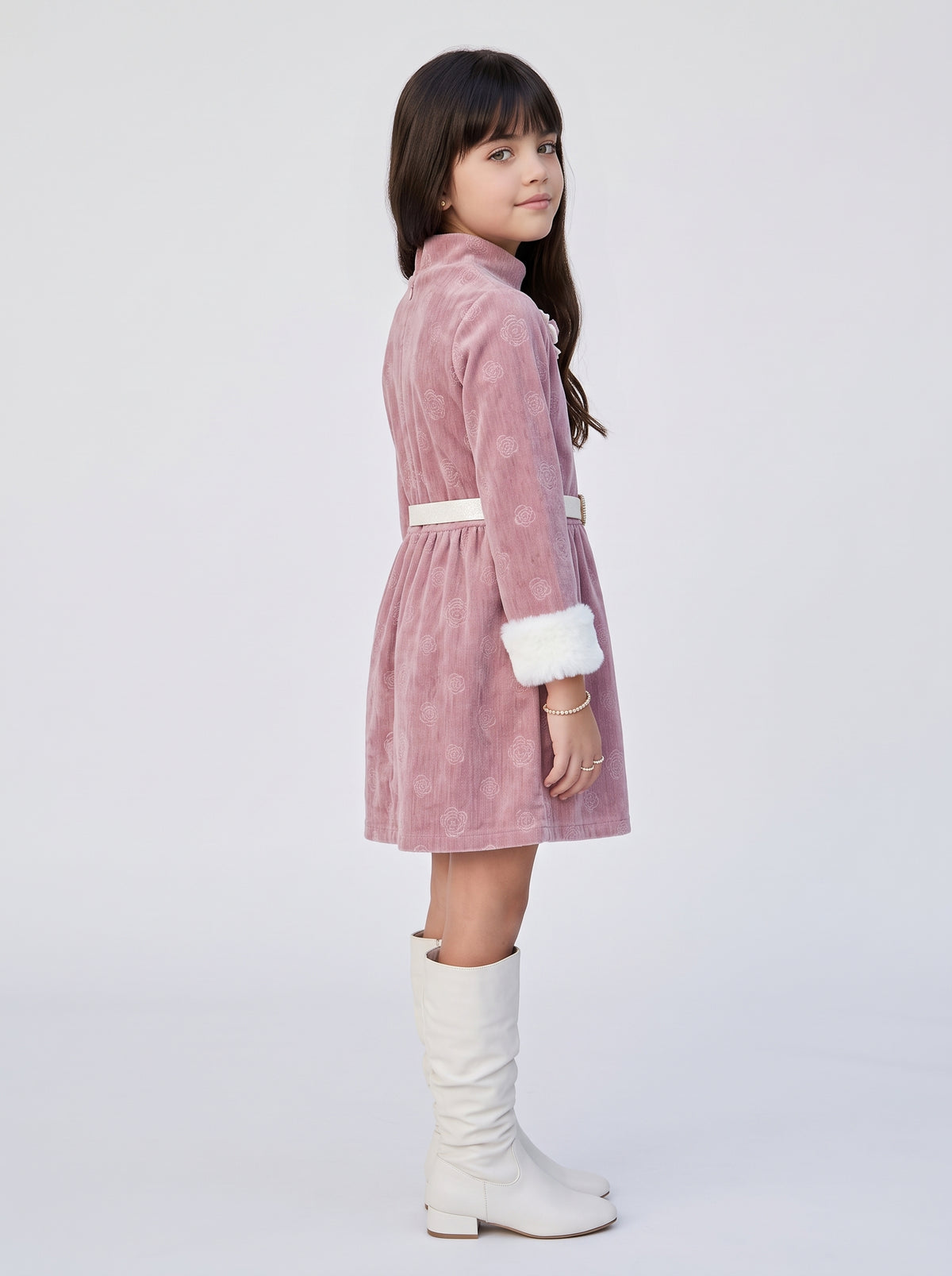 Onion Pink Floral Velvet Winter Party Dress M2522