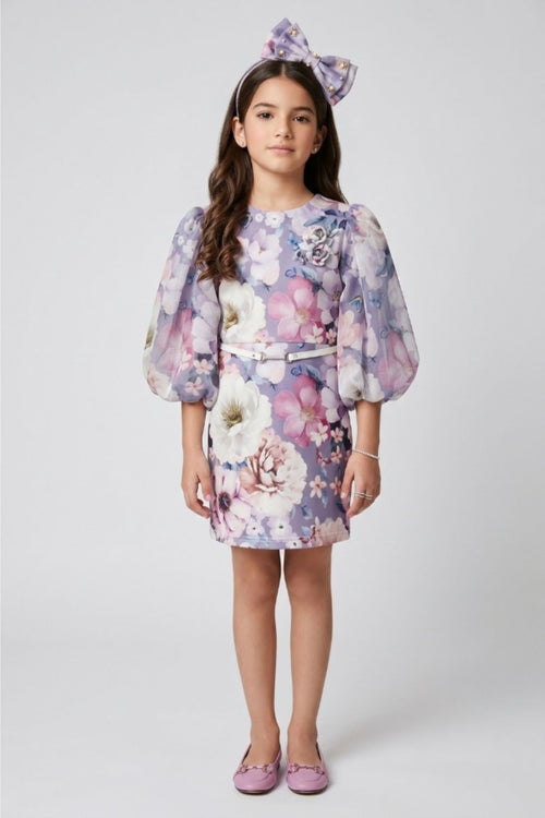 Lavender Floral Shift Dress with Puff Sleeves M2527