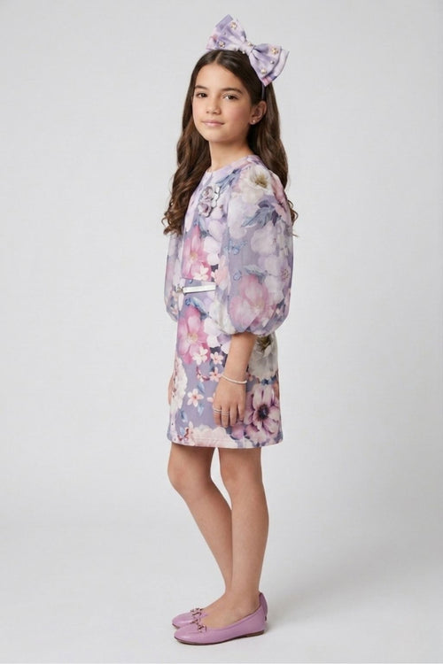 Lavender Floral Shift Dress with Puff Sleeves M2527