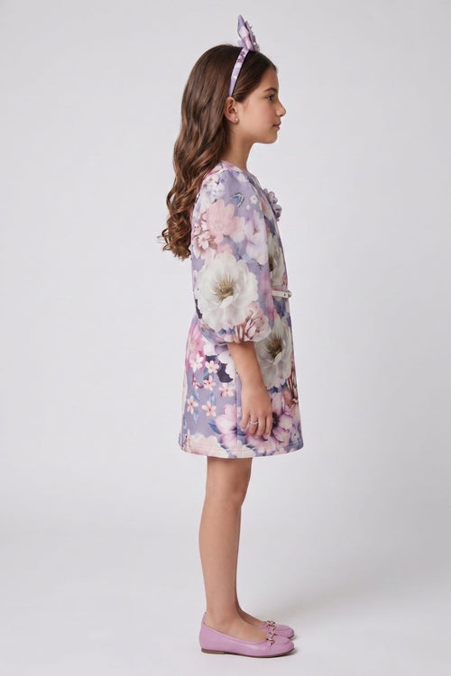 Lavender Floral Shift Dress with Puff Sleeves M2527