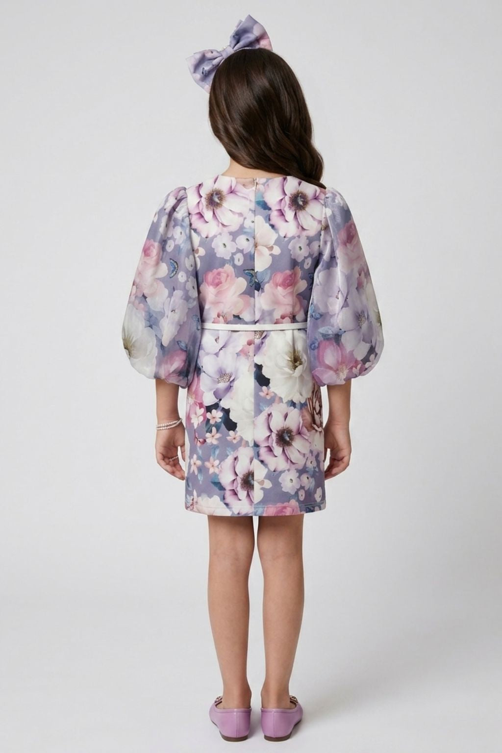Lavender Floral Shift Dress with Puff Sleeves M2527