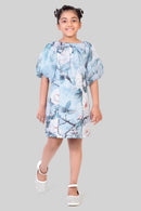 TinyGirl Powder Blue Floral Puff Sleeve Dress for Girls