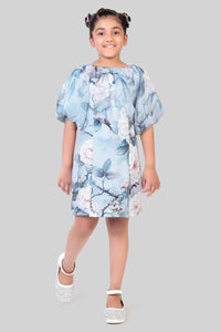 TinyGirl Powder Blue Floral Puff Sleeve Dress for Girls